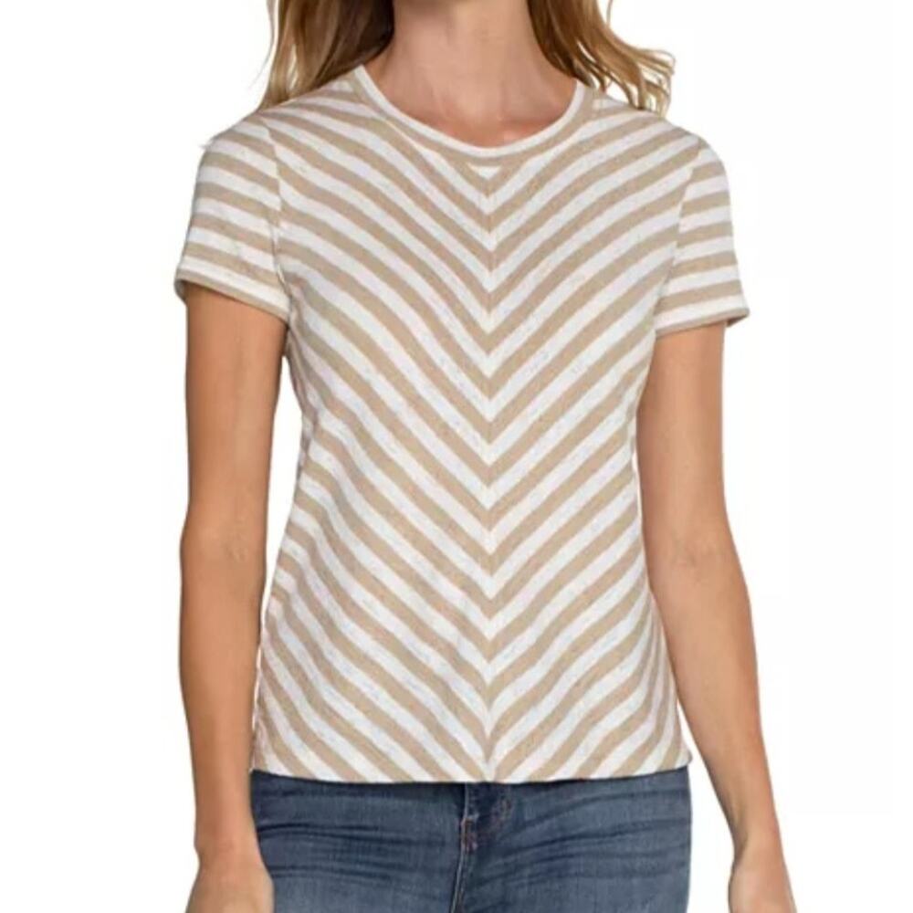 Liverpool Chevron‎ Crewneck Tee Shirt Short Sleeve Top Stripe Beige White Small